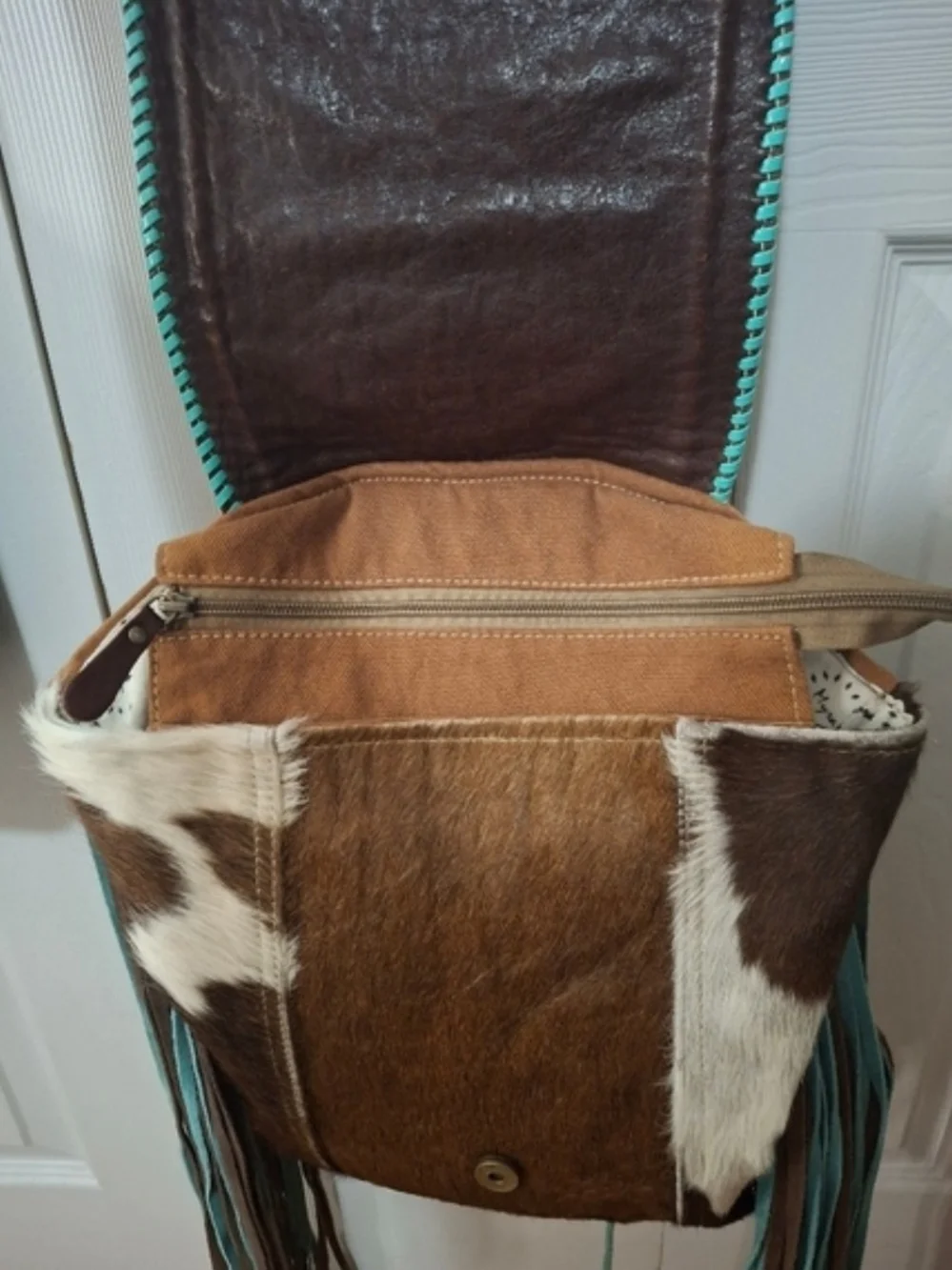 MYRA Pink Vanilla Boho Turquoise & Brown Fringe Backpack - Western Pattern
